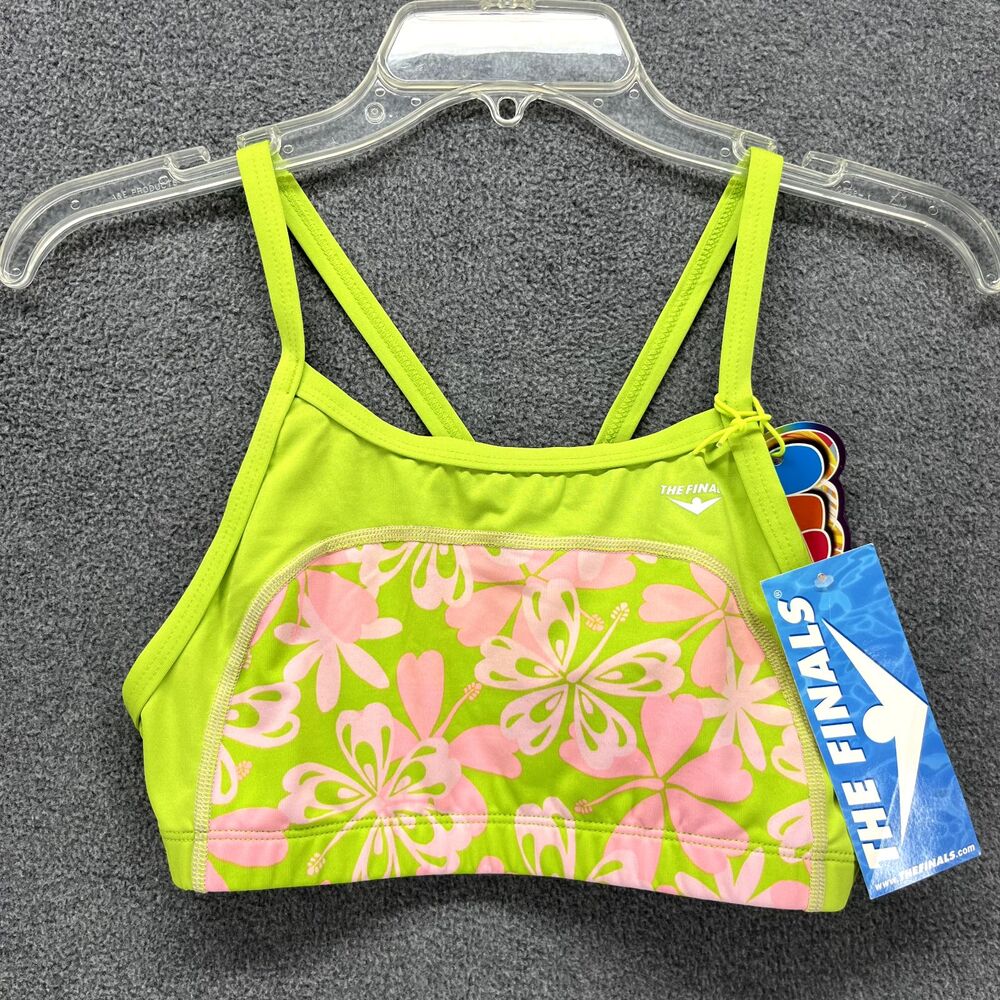 The Finals Bikini Top Medium Green Pink Floral Hawaiian Tropical Lined Youth‎